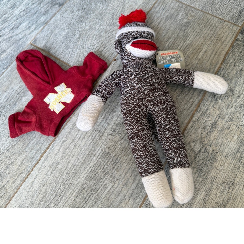 Plushland Sock Monkey Nebraska Huskers Collegiate Plush Toy Stuffed Animal NWT